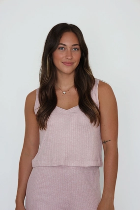 RibbedCollar LightweightTexture Sloane V-Neck Rib Tank - Pink Pearl