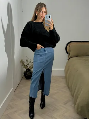 Ellis Midi Denim Skirt / Blue Feminine Charm Street Vibe