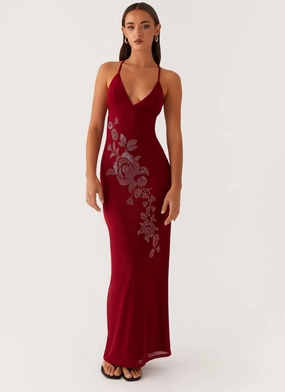 All-Occasion Wear Beki Beaded Mesh Maxi Dress - Deep Red