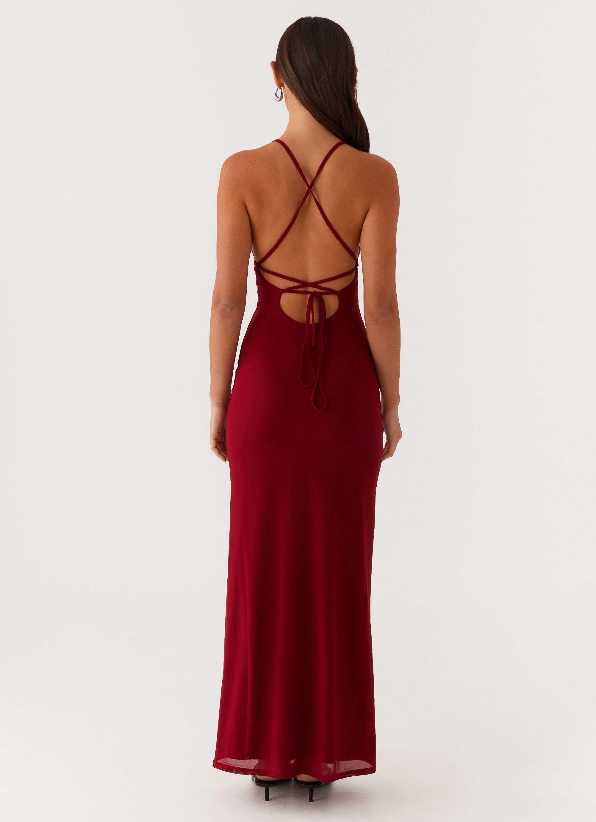 Beki Beaded Mesh Maxi Dress - Deep Red Minimal Curve Chic Waist Design