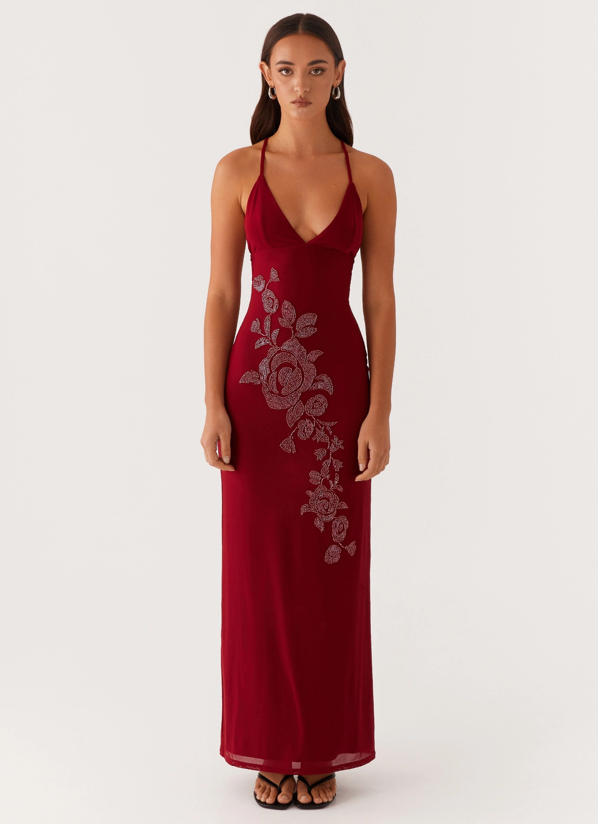 Beki Beaded Mesh Maxi Dress - Deep Red Lightweight Piece