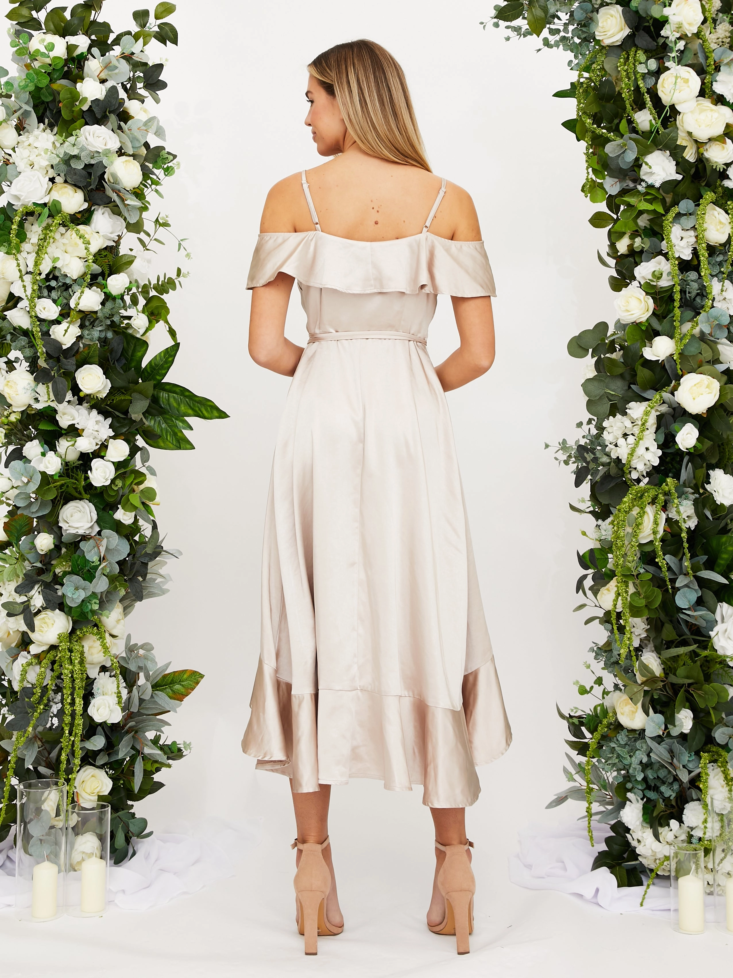 Cold Shoulder Midi Wrap Satin Dress / Champagne Vibrant Hue