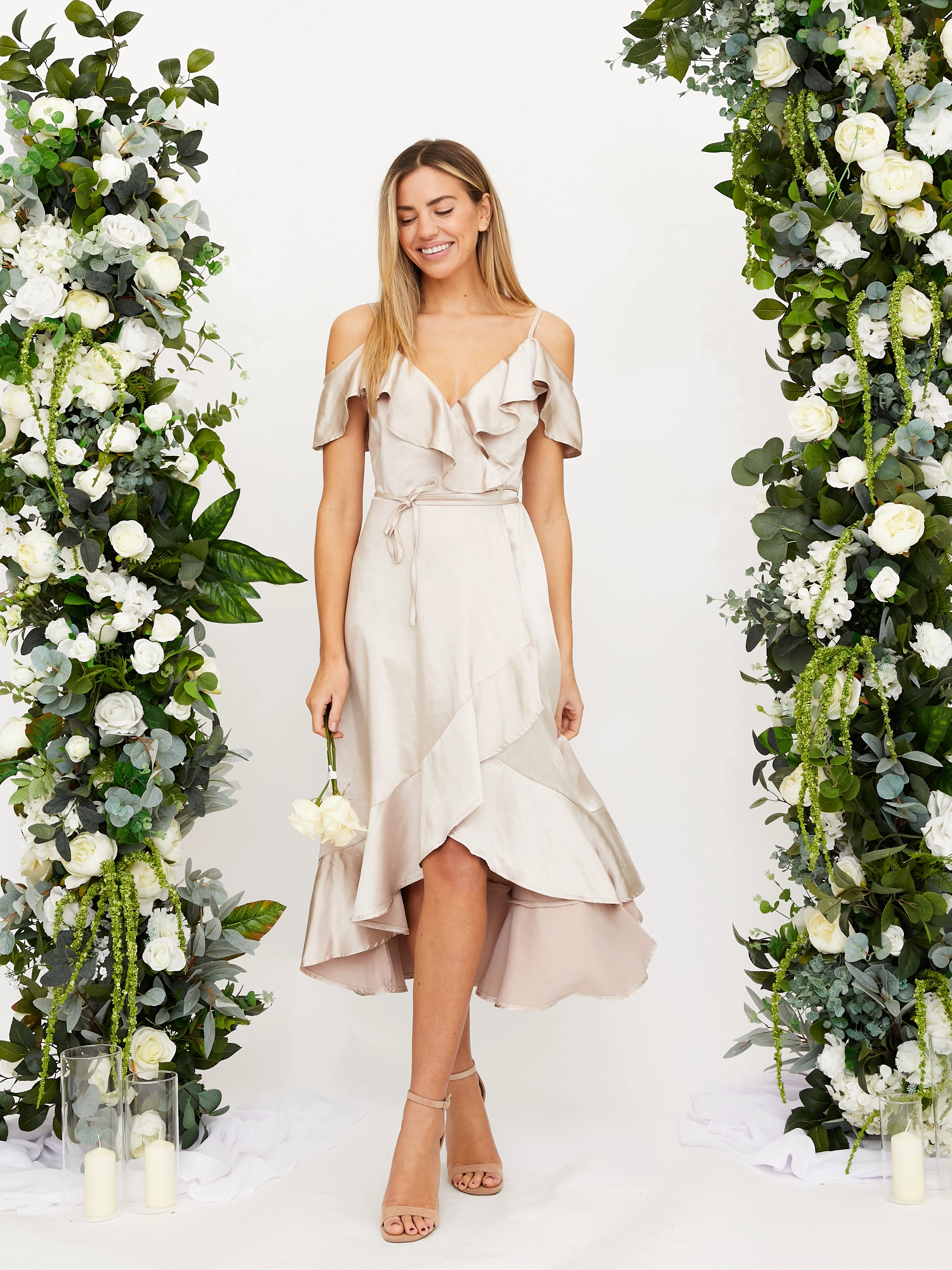 Cold Shoulder Midi Wrap Satin Dress / Champagne Easy Vibe