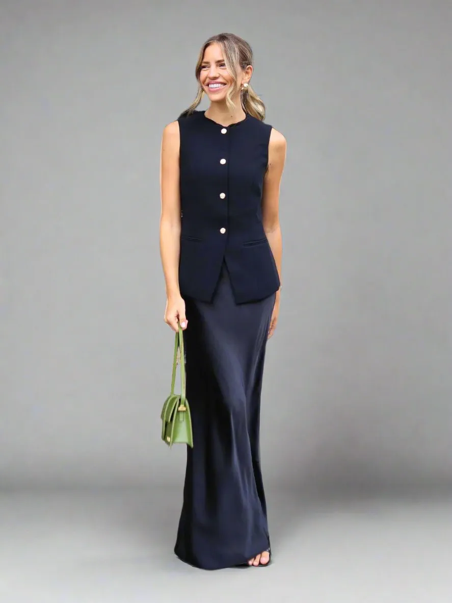 Lightwear Look Smooth Edging Kassia Satin Slip Maxi Skirt / Black