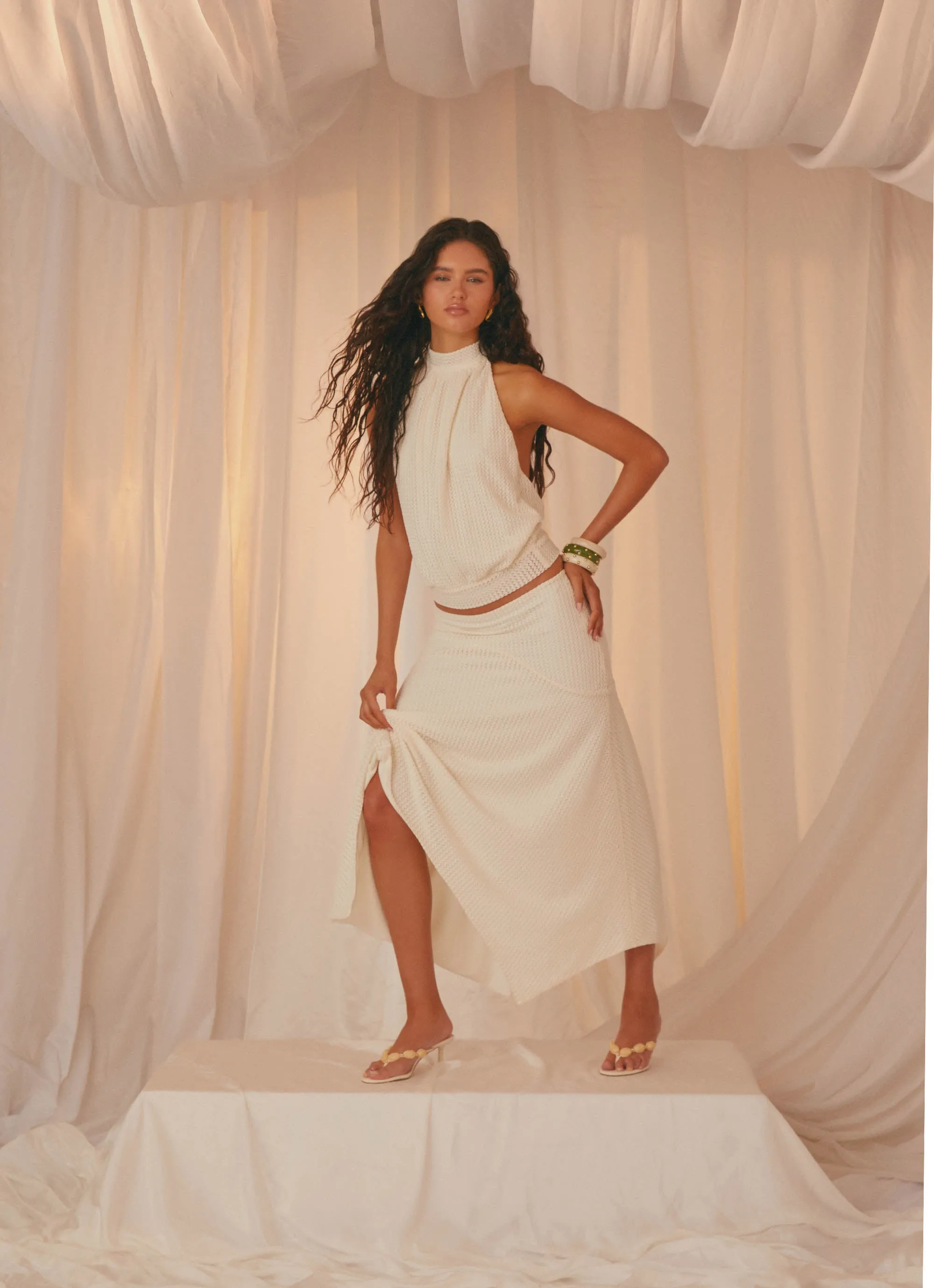 ruffle trim Side Pockets Evaden Low Rise Midi Skirt - Ivory