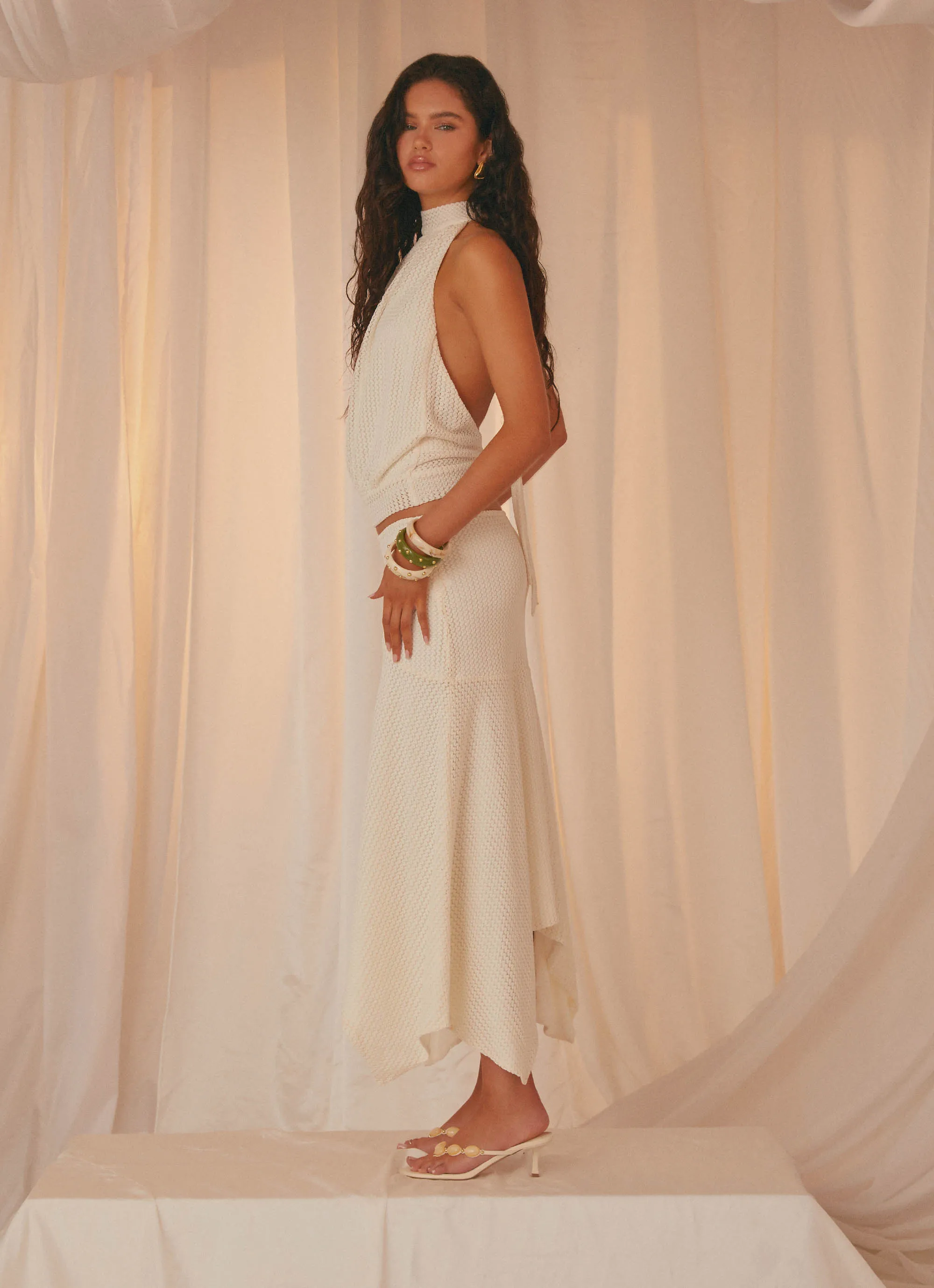 Evaden Low Rise Midi Skirt - Ivory Elastic hem