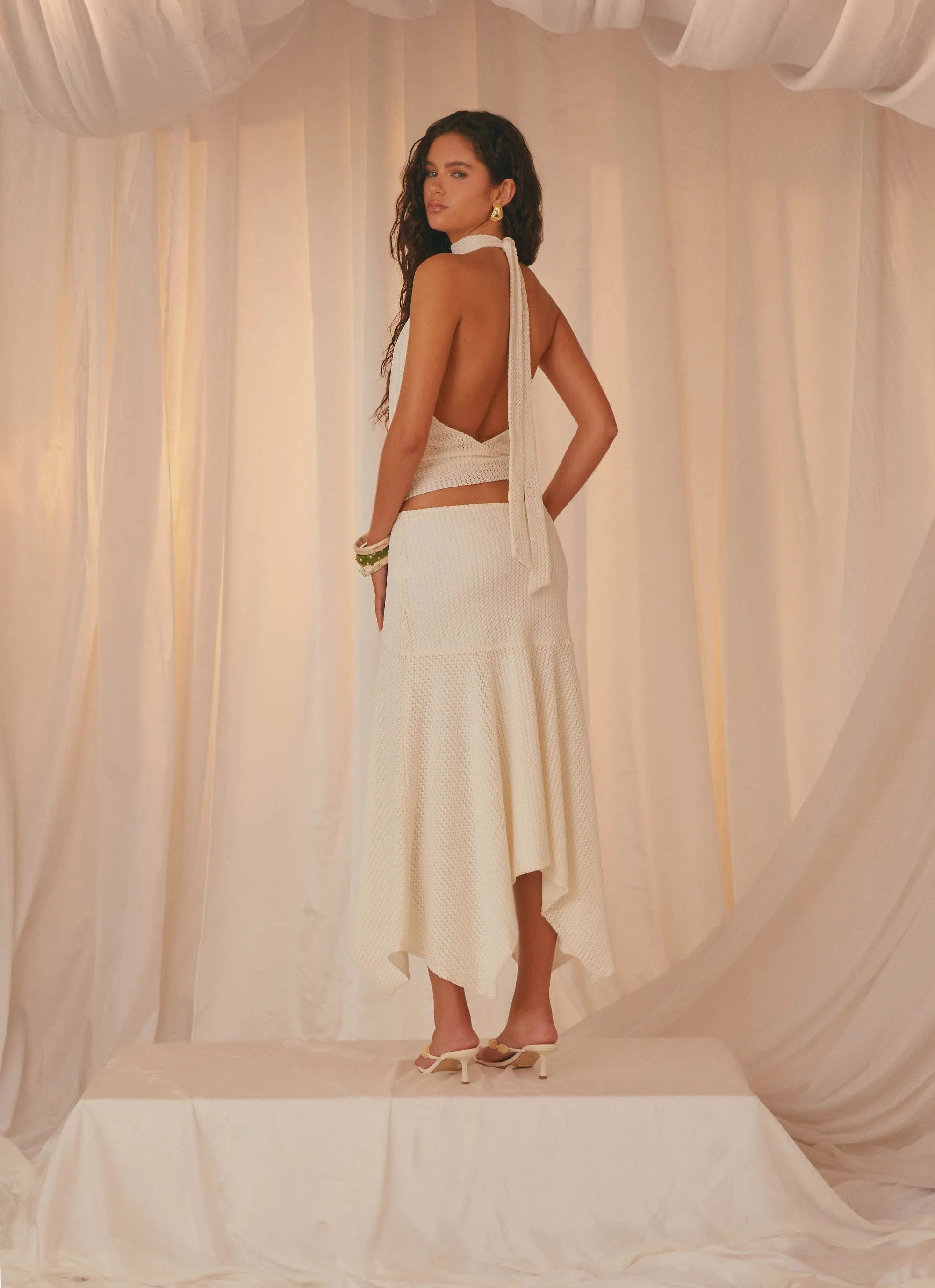 Metallic Finish Evaden Low Rise Midi Skirt - Ivory