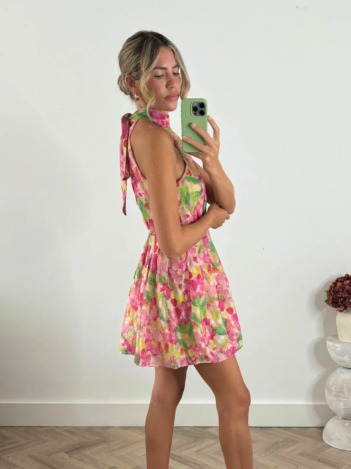 Raye High Neck Mini Dress in Multi Floral City Mood Polished Tailoring