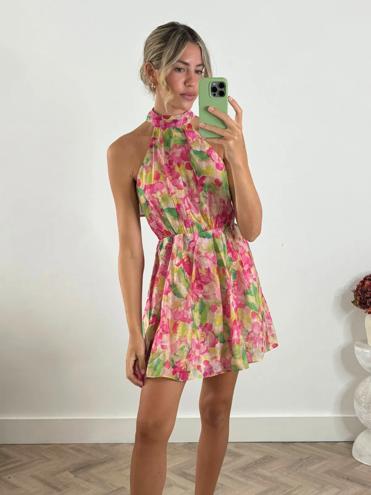 Minimal Motion Easy Lovely Raye High Neck Mini Dress in Multi Floral