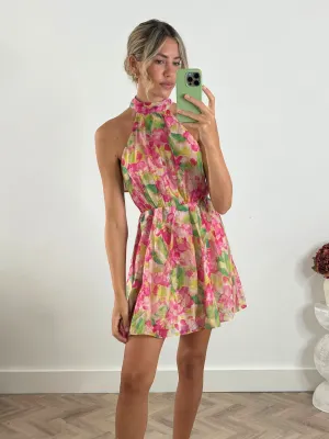 Minimal Motion Easy Lovely Raye High Neck Mini Dress in Multi Floral