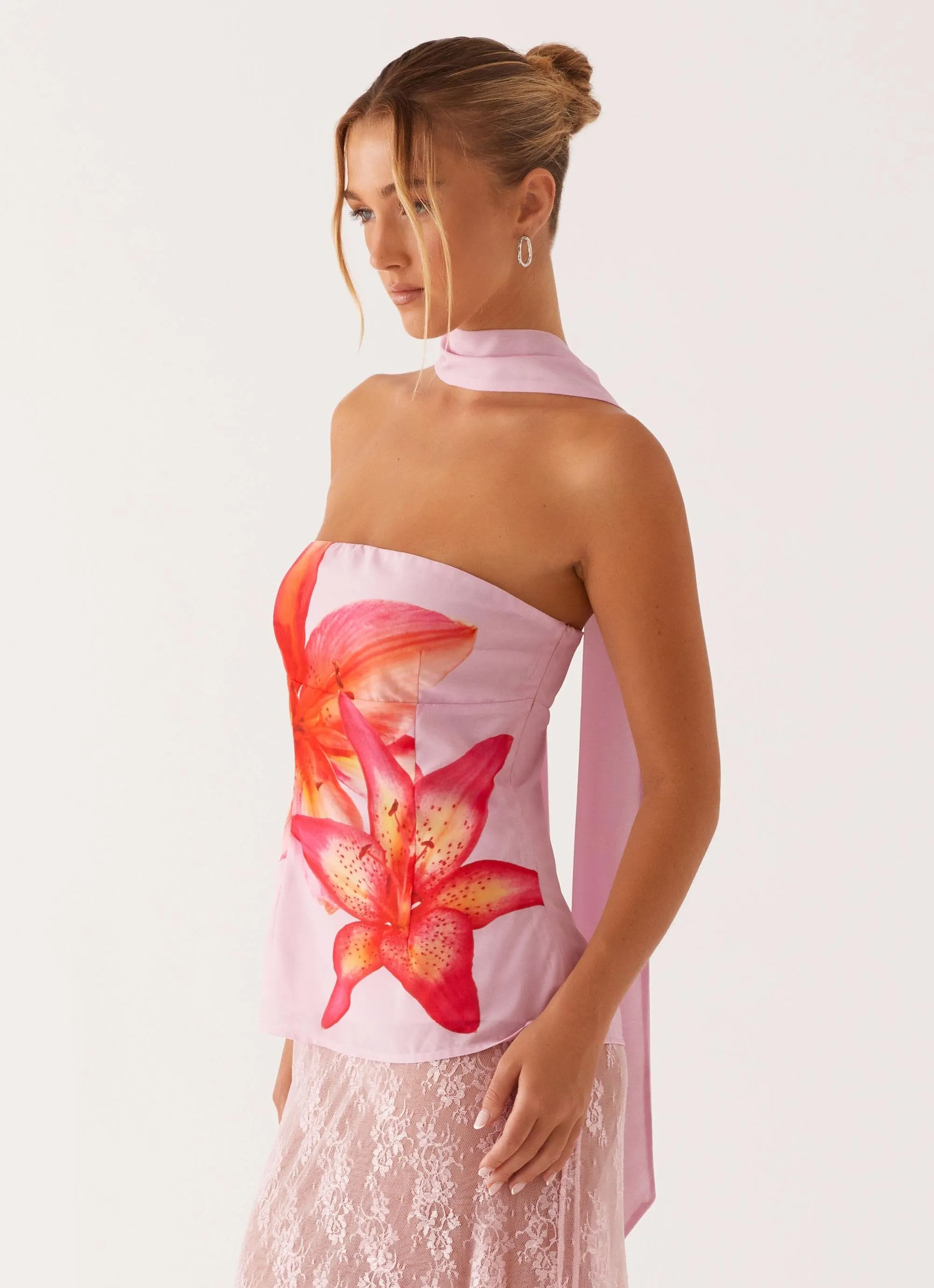 ButtonDownCollar FasteningHood Blaise Scarf Top - Pink Floral