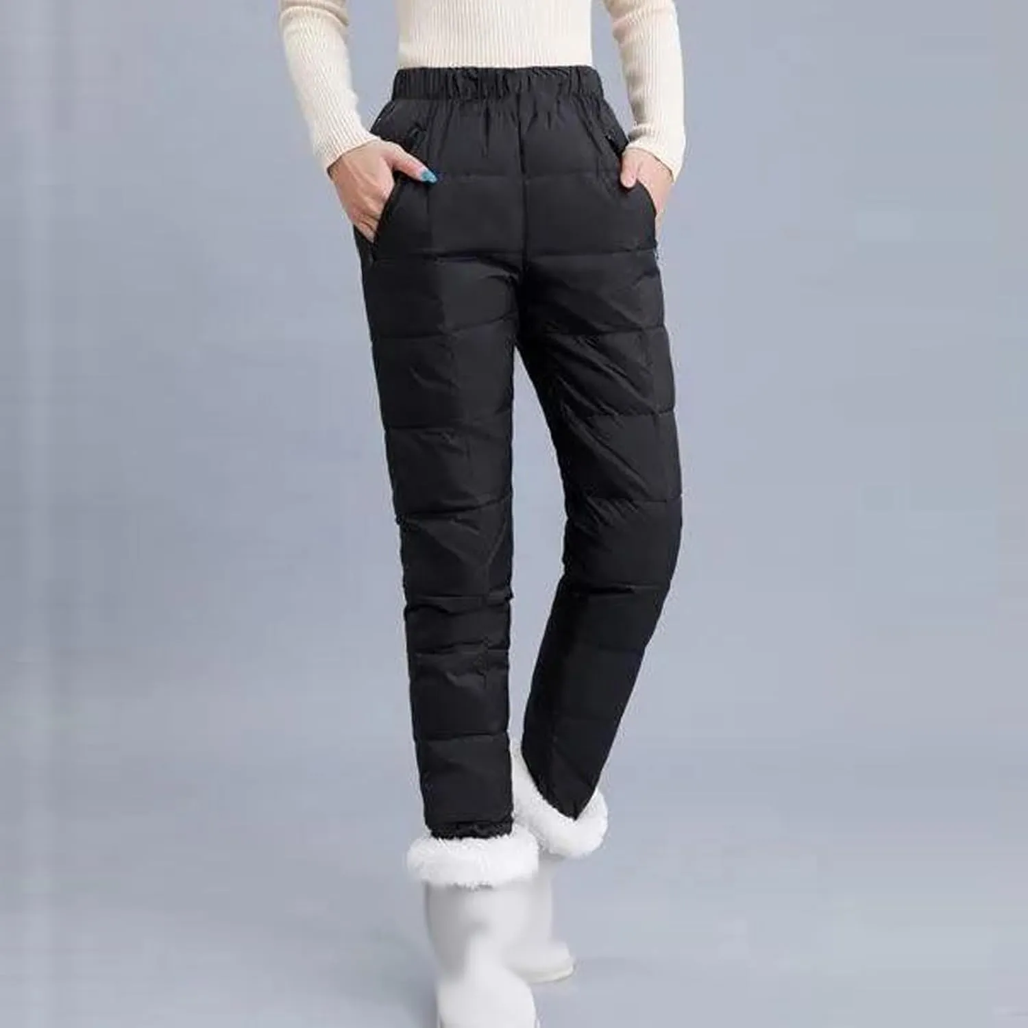 Snow Pants Womens Winter Ski Pants Thick Fleece Lined Joggers Quilted Down Puffer Trousers with Pockets