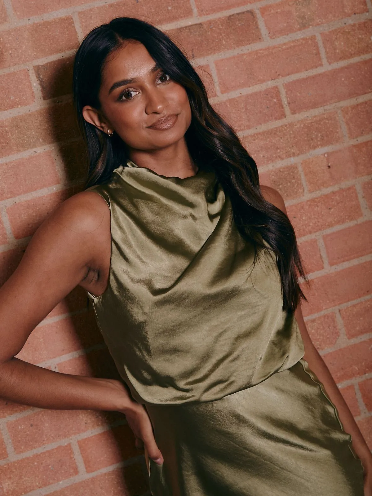 Comfort Layer Wear Street Mood Drape Neck Maxi Satin Dress / Olive