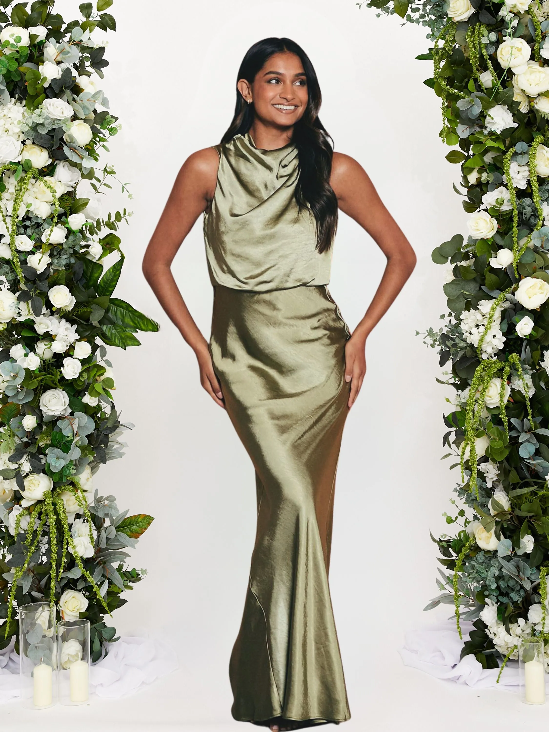 Drape Neck Maxi Satin Dress / Olive Bold colors