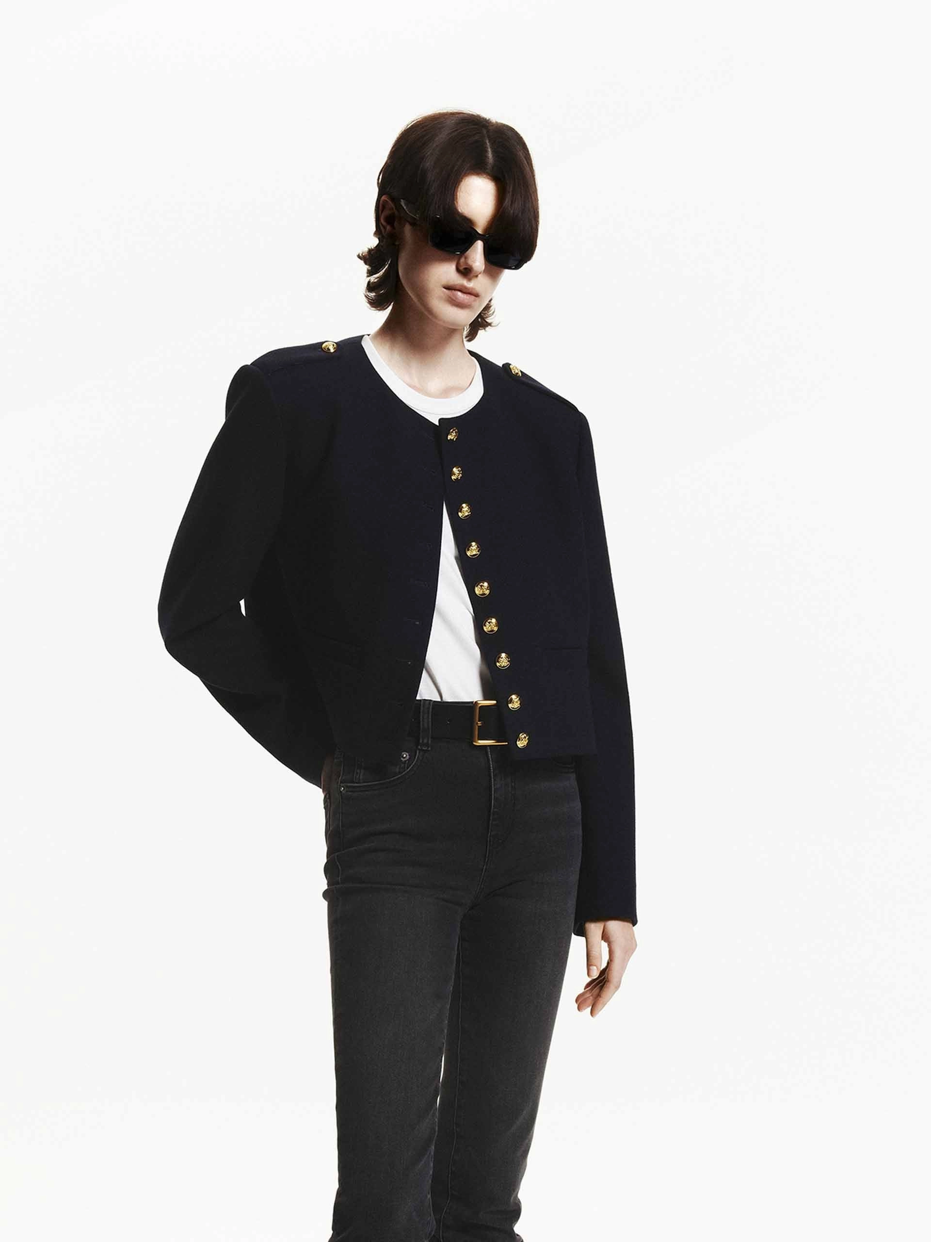 Metallic Button Cropped Coat Adjustable Hem