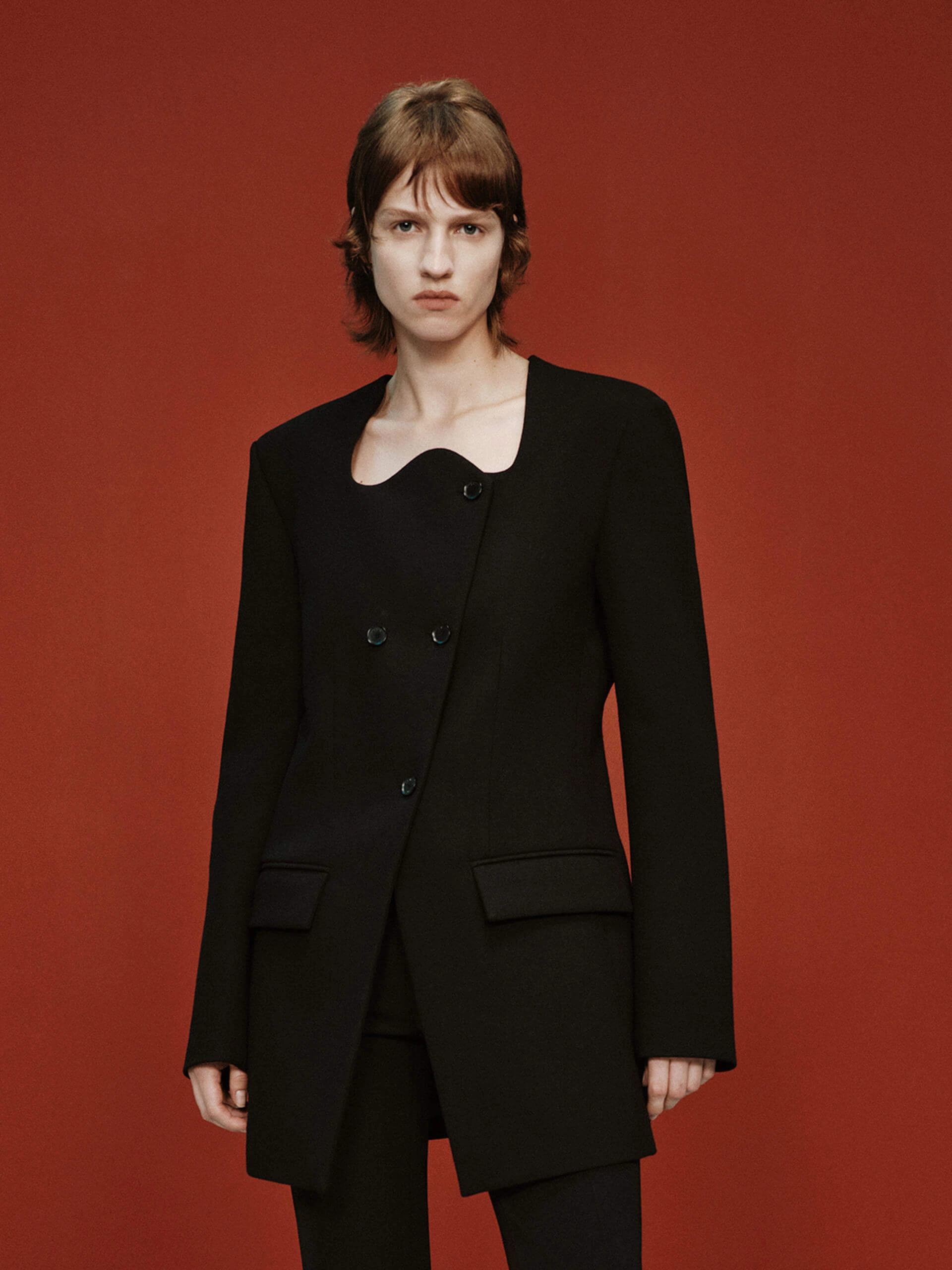 Layered Cuff System Light Reflective Logos Wave Collar Wool Coat