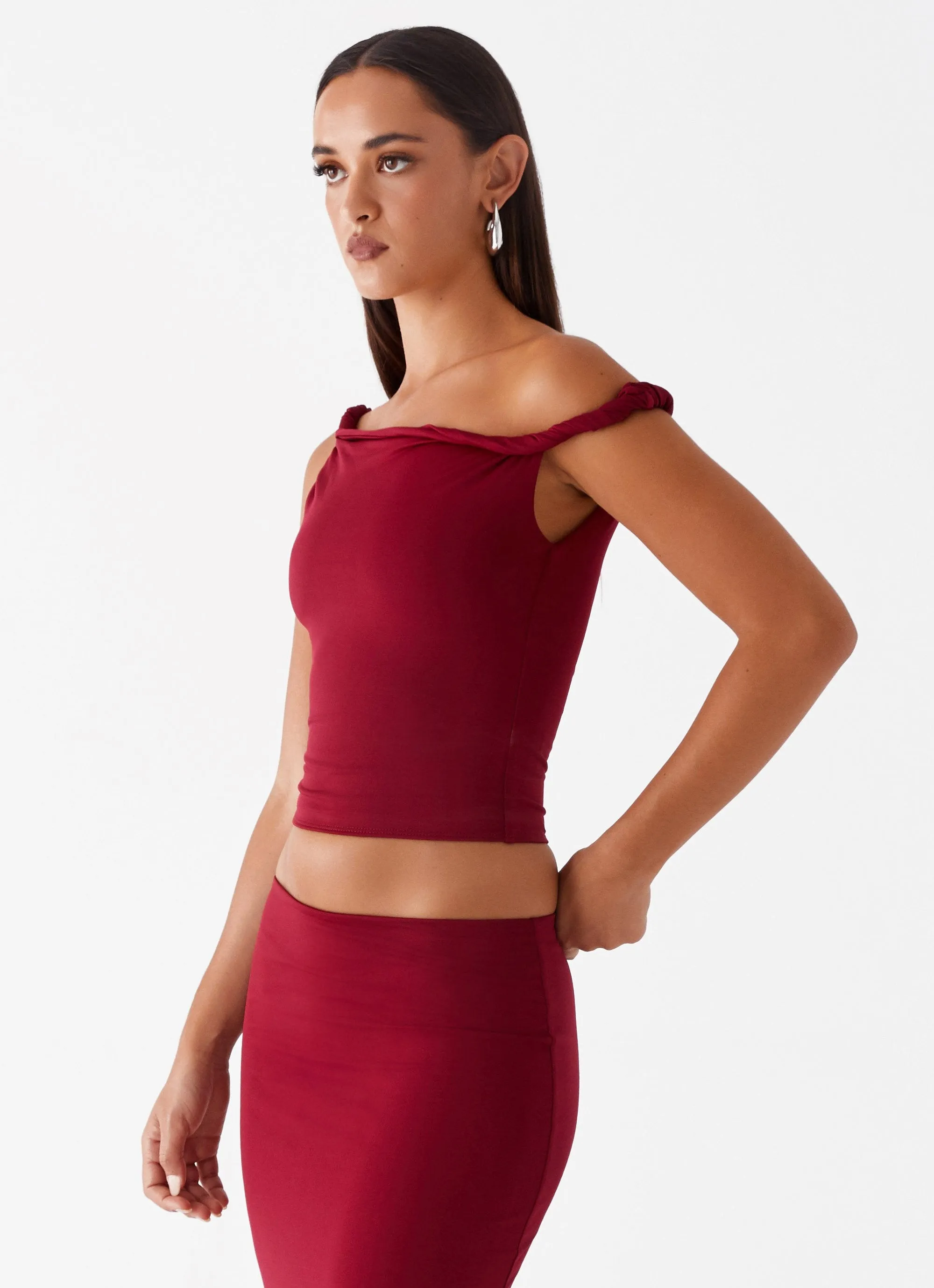 Solace Soul Twist Shoulder Top - Maroon High Neckline Structure