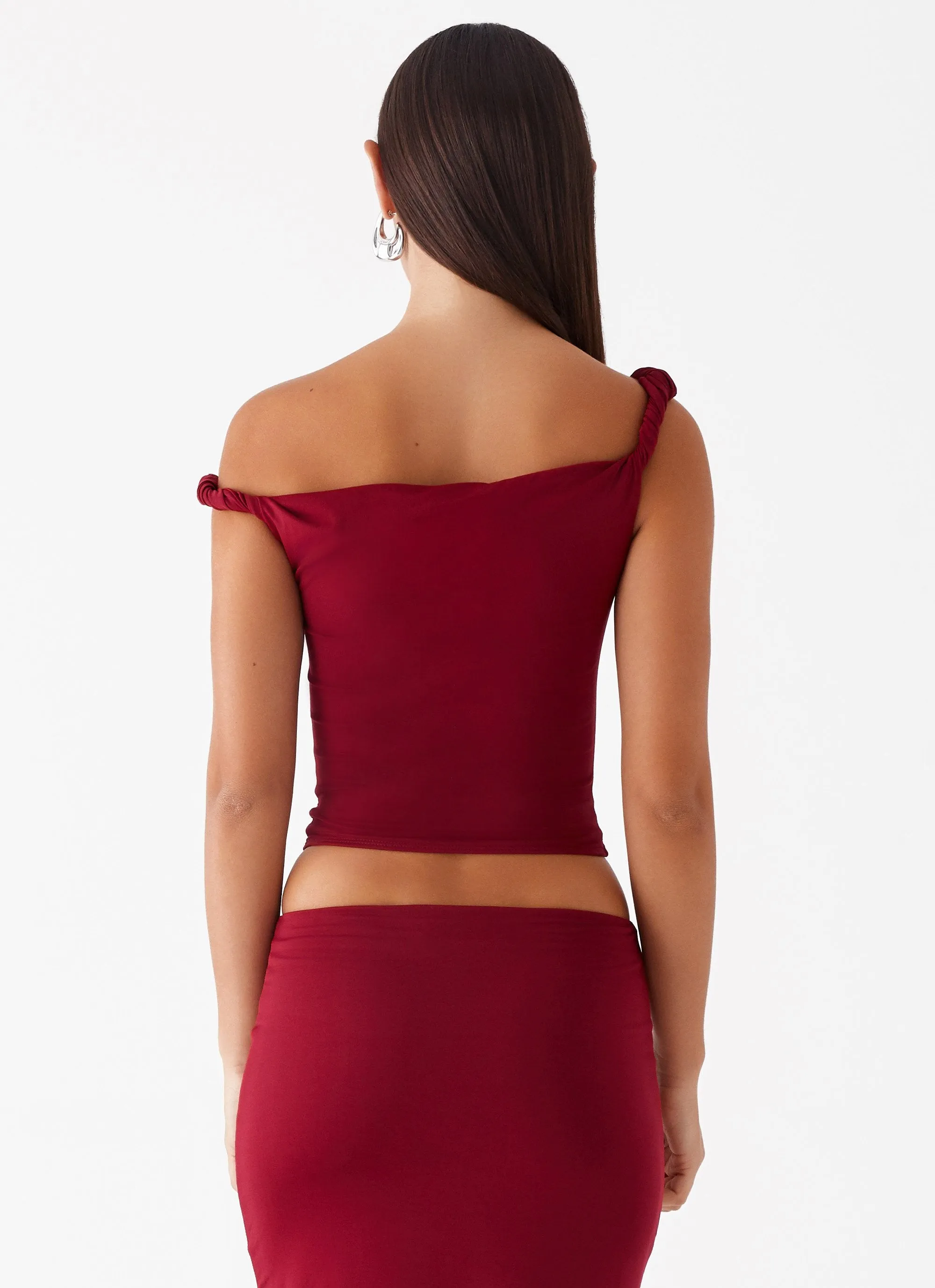 Flexible Waistband Adjustable Hem Solace Soul Twist Shoulder Top - Maroon