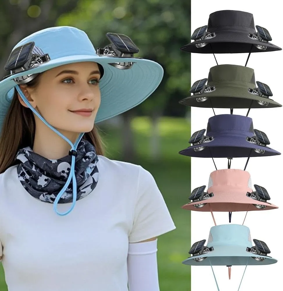 Solar Fan Hat, Men Women Wide Brim Sun Hats with 2 Solar Fan, Breathable Bucket Hat Outdoor Fishing Hat for Hiking Camping
