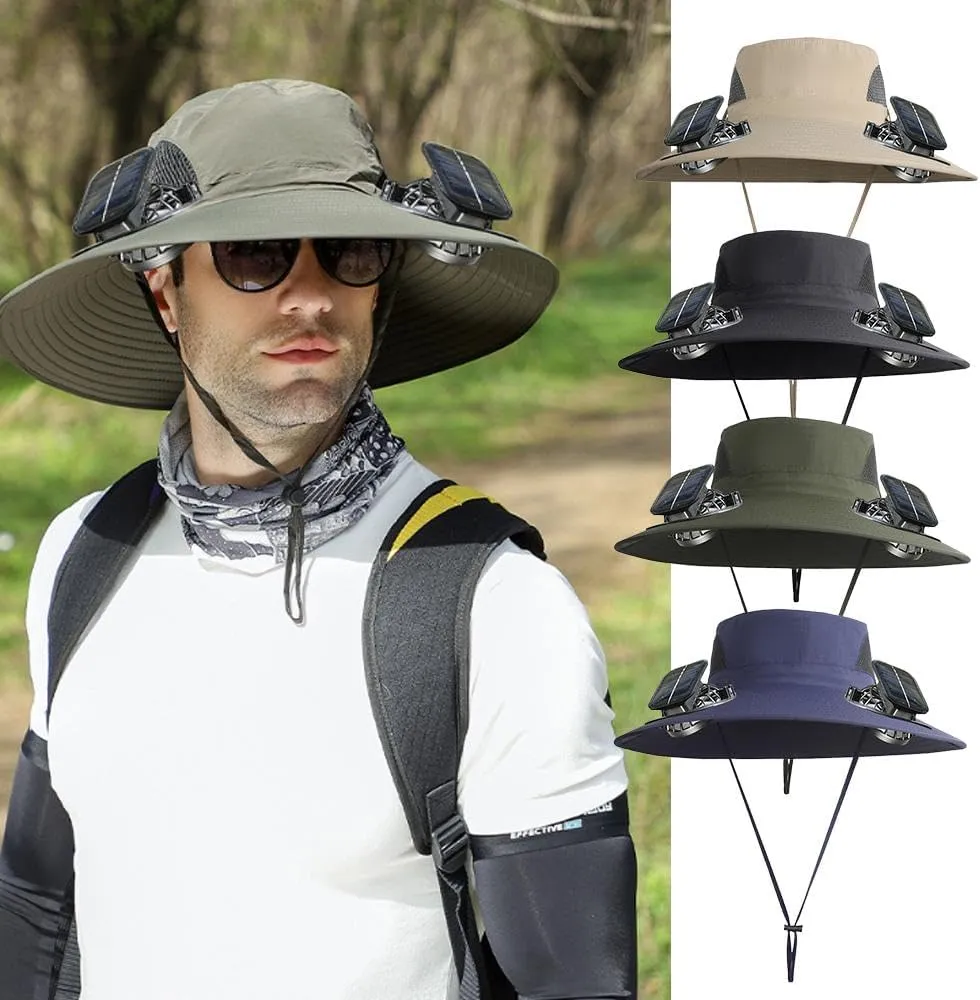 Solar Fan Hat, Men Women Wide Brim Sun Hats with 2 Solar Fan, Breathable Bucket Hat Outdoor Fishing Hat for Hiking Camping