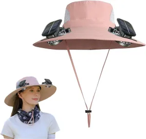 Solar Fan Hat, Men Women Wide Brim Sun Hats with 2 Solar Fan, Breathable Bucket Hat Outdoor Fishing Hat for Hiking Camping