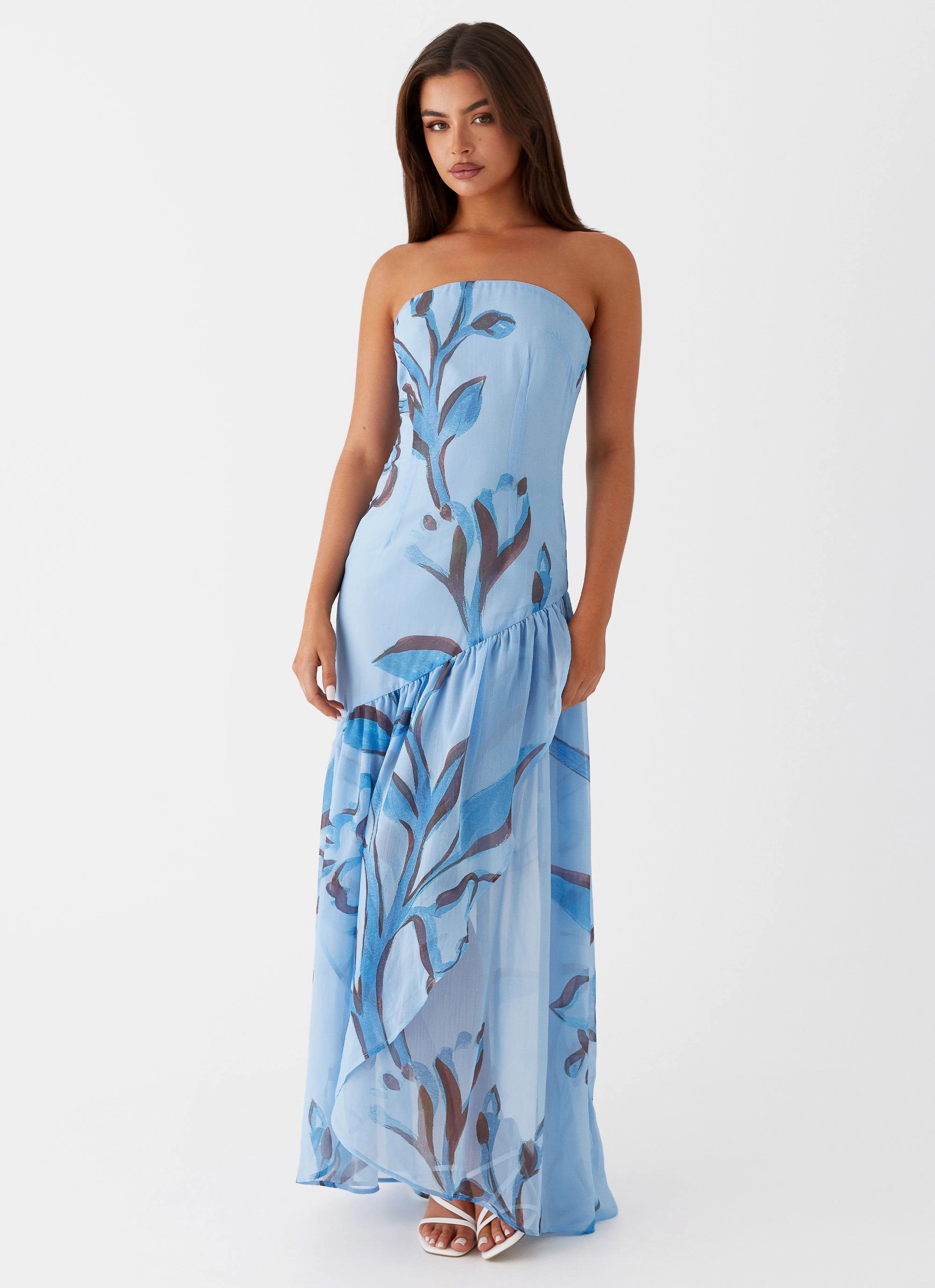 Solaris Strapless Maxi Dress - Blue Floral Sleek Flow Chic Tailoring Waist