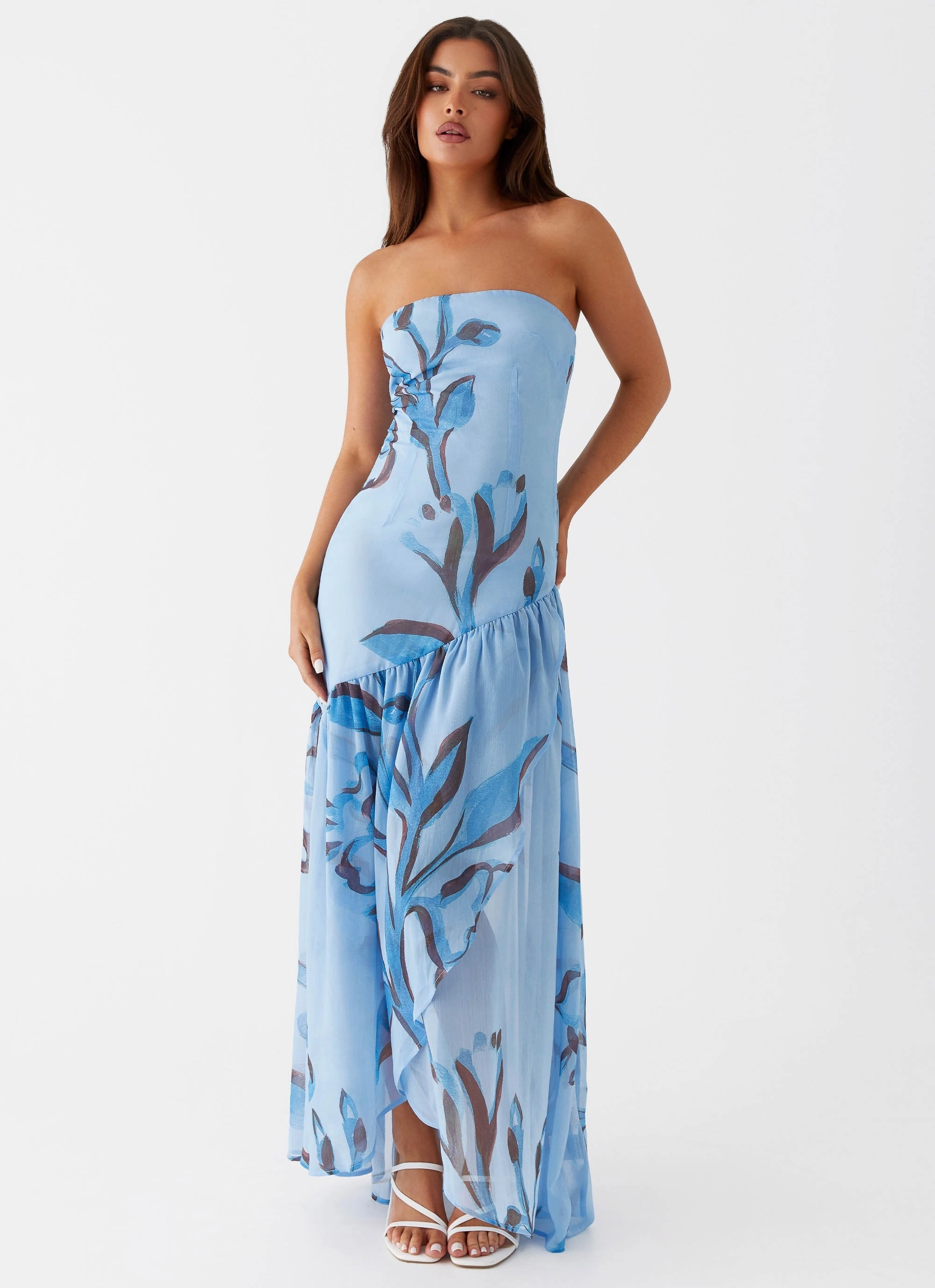 Solaris Strapless Maxi Dress - Blue Floral Office Glam Delicate Details