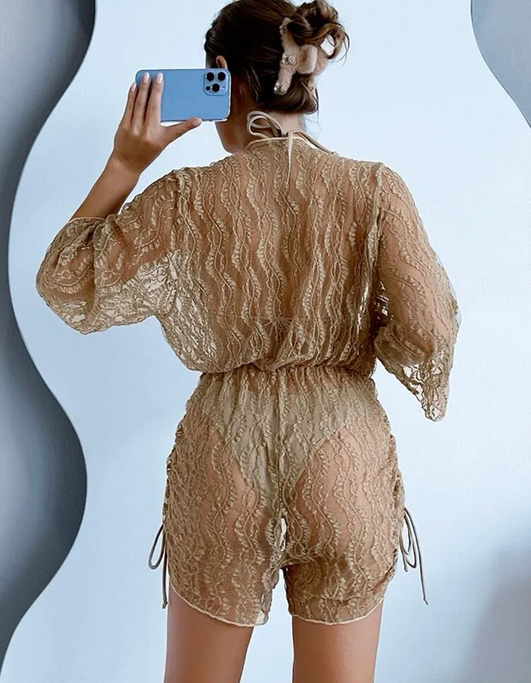 Solid-color Long Sleeve Mesh Drawstring Three-Piece Bikini Cover Up Sets