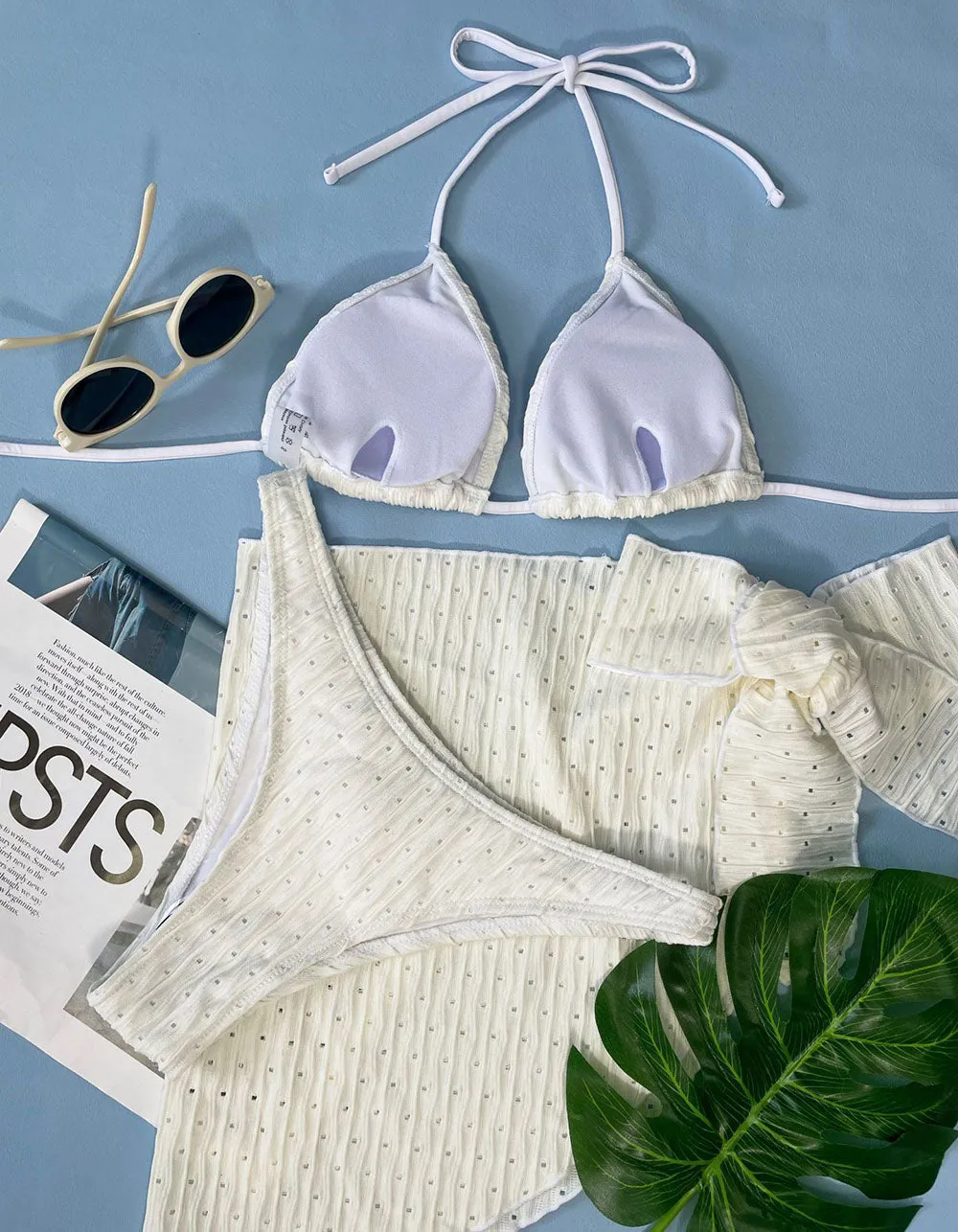 Solid-color Mesh Three-Piece Bikini Swimwear Sets