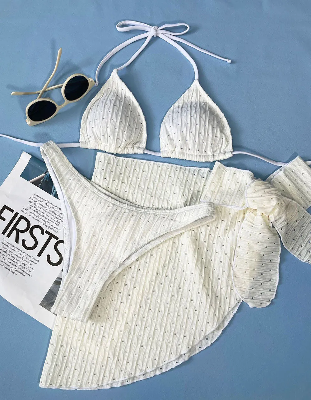 Solid-color Mesh Three-Piece Bikini Swimwear Sets