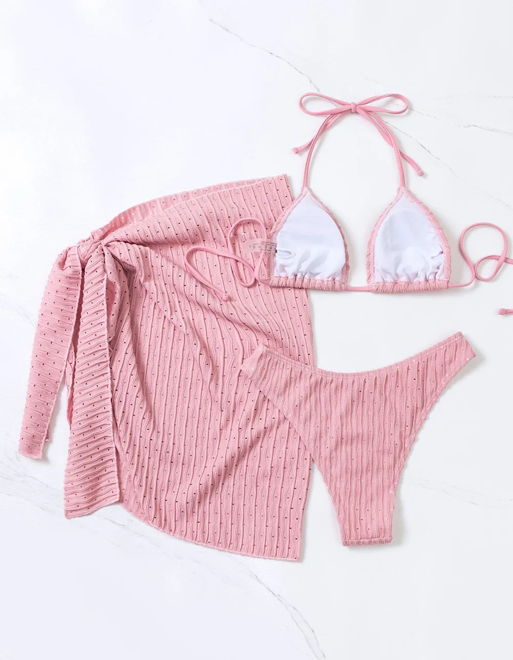 Solid-color Mesh Three-Piece Bikini Swimwear Sets