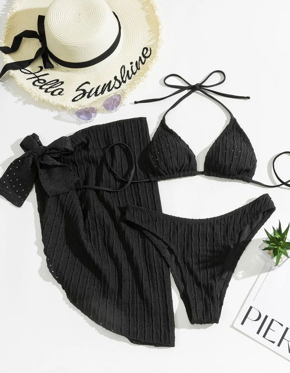 Solid-color Mesh Three-Piece Bikini Swimwear Sets