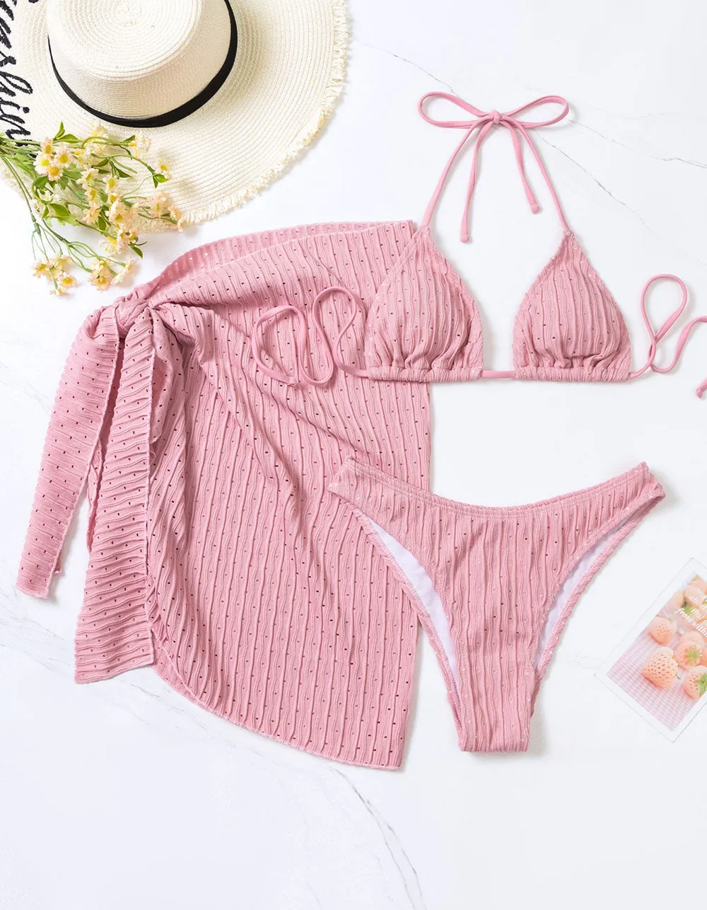 Solid-color Mesh Three-Piece Bikini Swimwear Sets