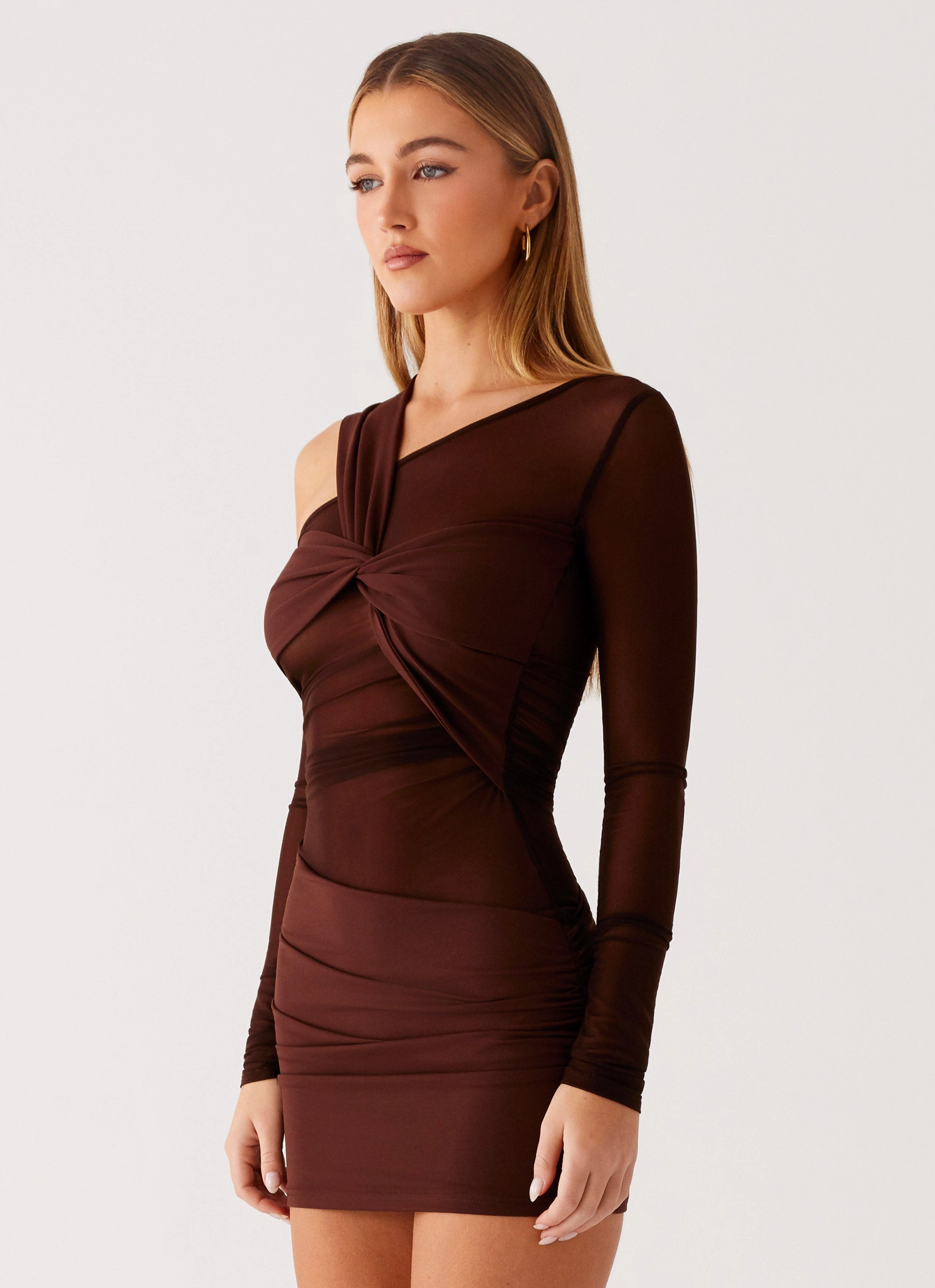Ophelie Asymmetric Long Sleeve Mini Dress - Chocolate Weekend Style Date Vibe