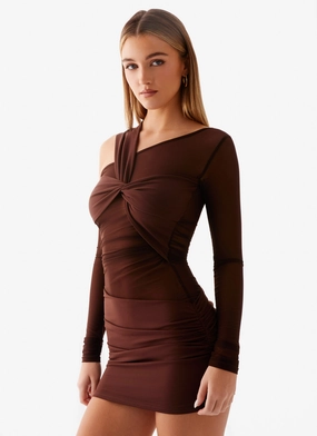 Ophelie Asymmetric Long Sleeve Mini Dress - Chocolate All Time Comfort Layer