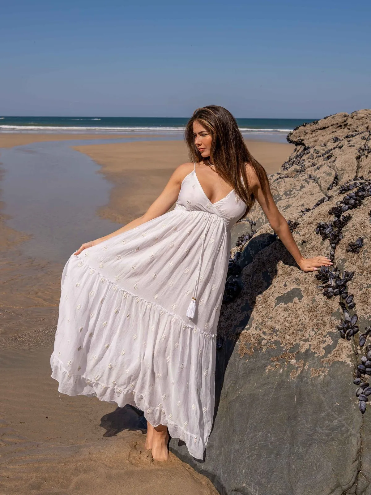 Perfectly Fitted South Beach Marbella Tie Front Sequin Maxi Dress / White