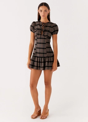 Taylor Keyhole Mini Dress - Brown Check Eye Catching Cozy Mood
