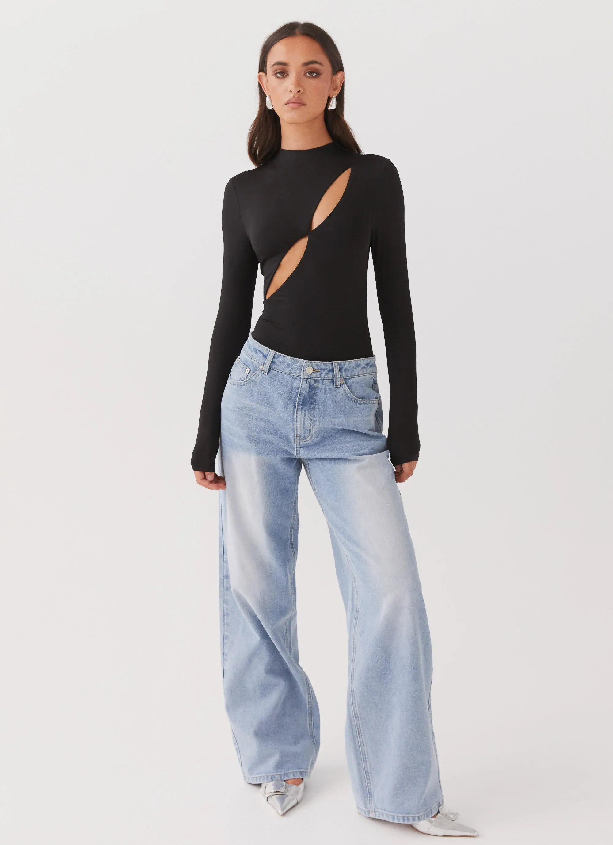 Flexible Neckline PolyesterBlend Special Affair Long Sleeve Bodysuit - Black