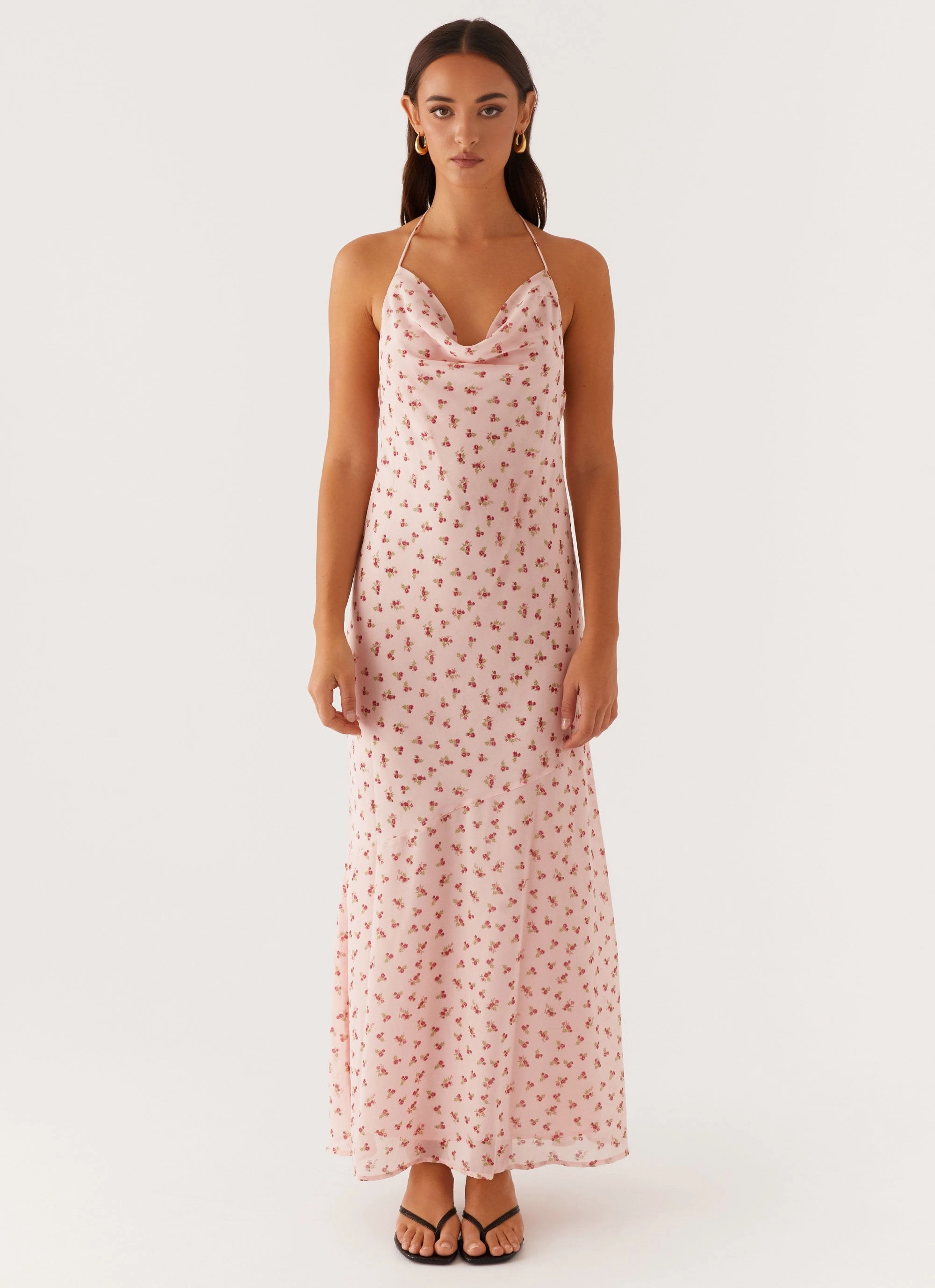 Alianna Cowl Neck Mesh Maxi Dress - Pink Flower SoftTouchTexture
