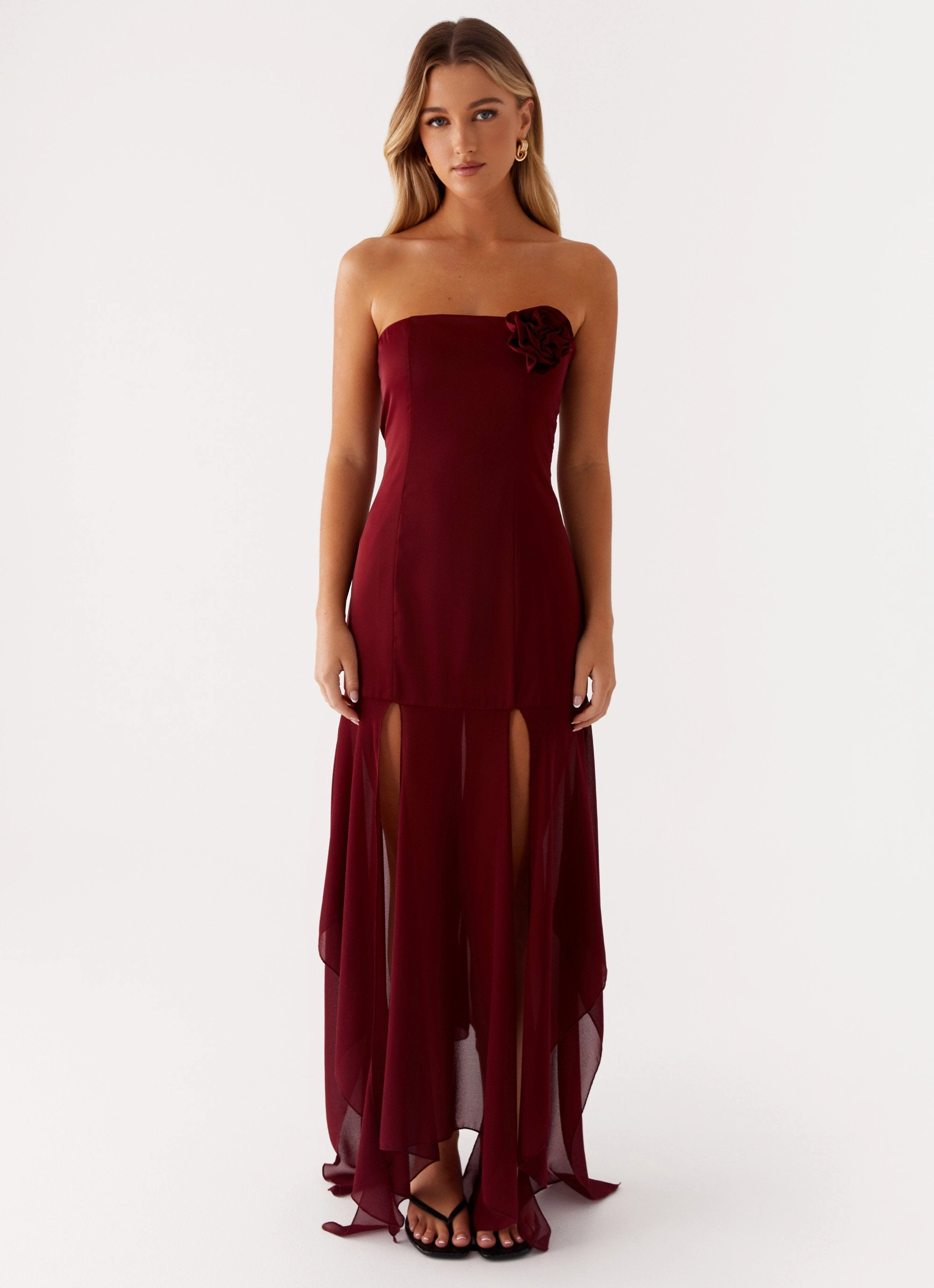 Flower Soft Smart Casual Collision Satin Maxi Dress - Cherry Red