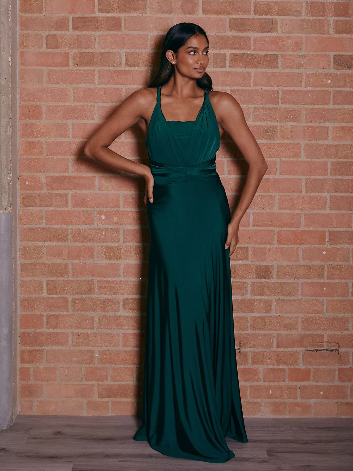 Perfect Waistband Neutral Look Multi-way Slinky Maxi Dress / Emerald