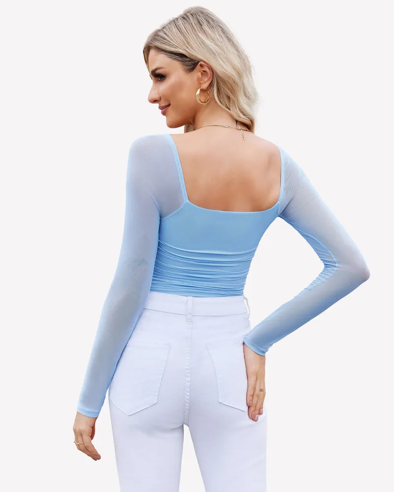 Square Neck Mesh Long Sleeve Bodysuit Shapewear