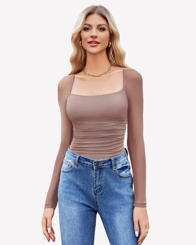 Square Neck Mesh Long Sleeve Bodysuit Shapewear
