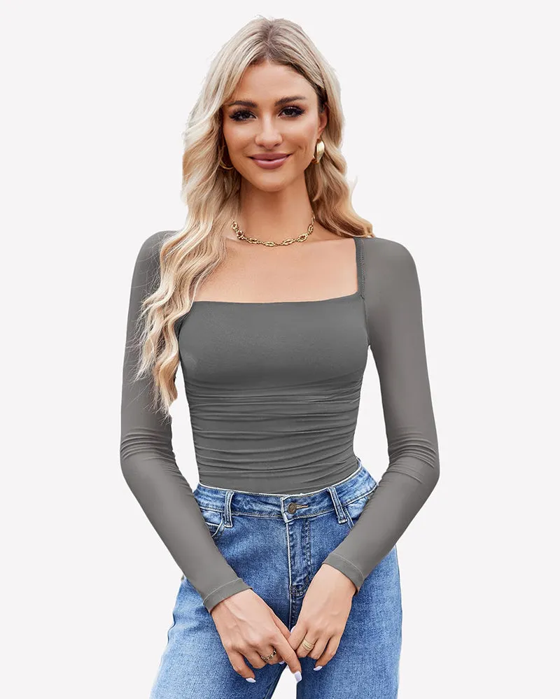 Square Neck Mesh Long Sleeve Bodysuit Shapewear