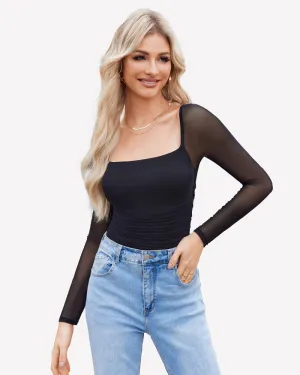 Square Neck Mesh Long Sleeve Bodysuit Shapewear