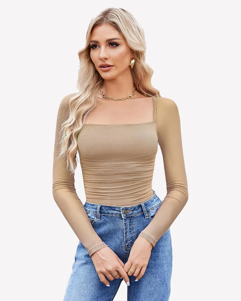 Square Neck Mesh Long Sleeve Bodysuit Shapewear