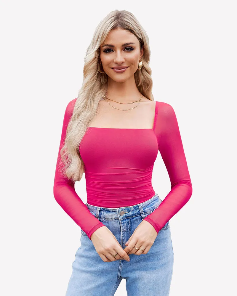 Square Neck Mesh Long Sleeve Bodysuit Shapewear