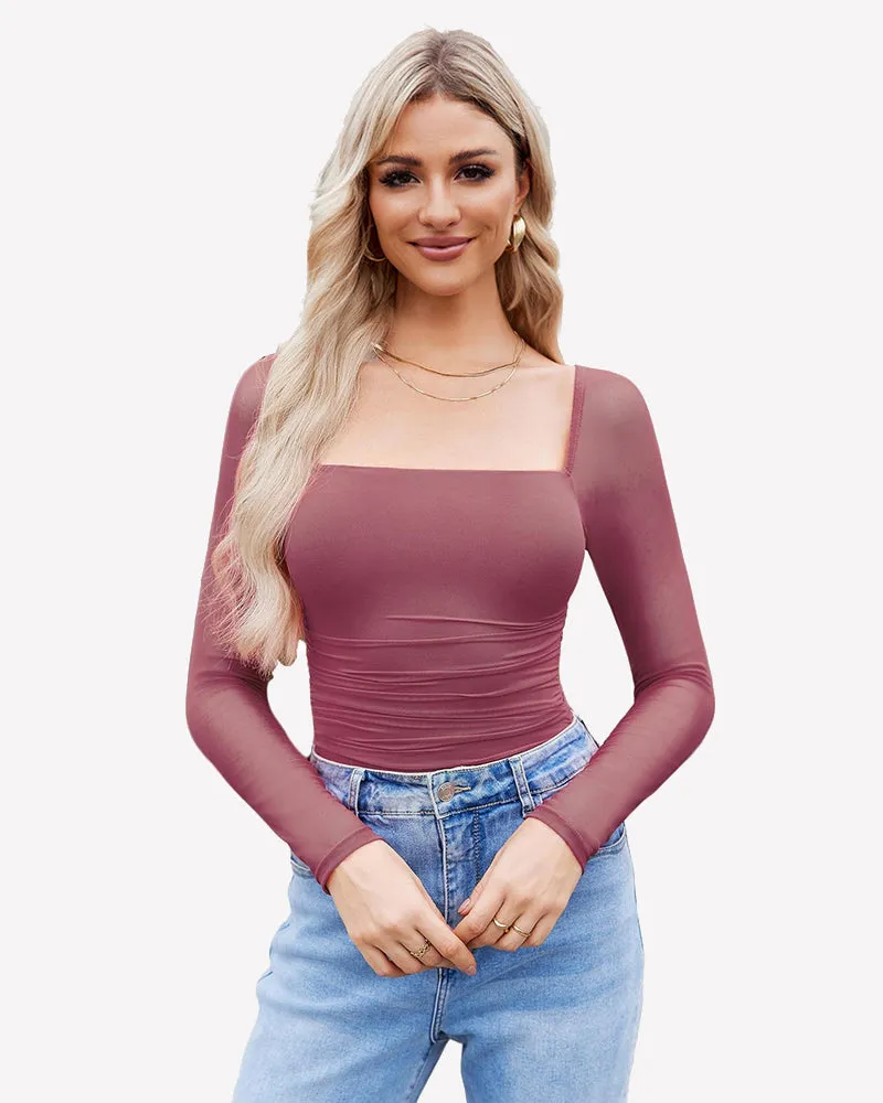 Square Neck Mesh Long Sleeve Bodysuit Shapewear
