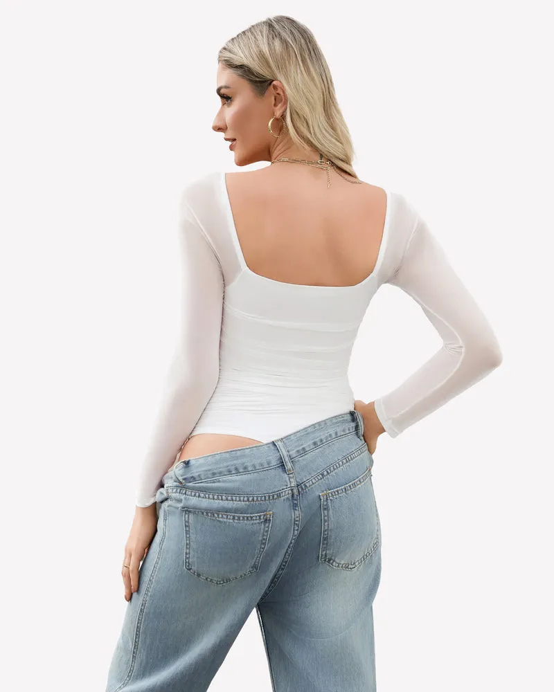 Square Neck Mesh Long Sleeve Bodysuit Shapewear