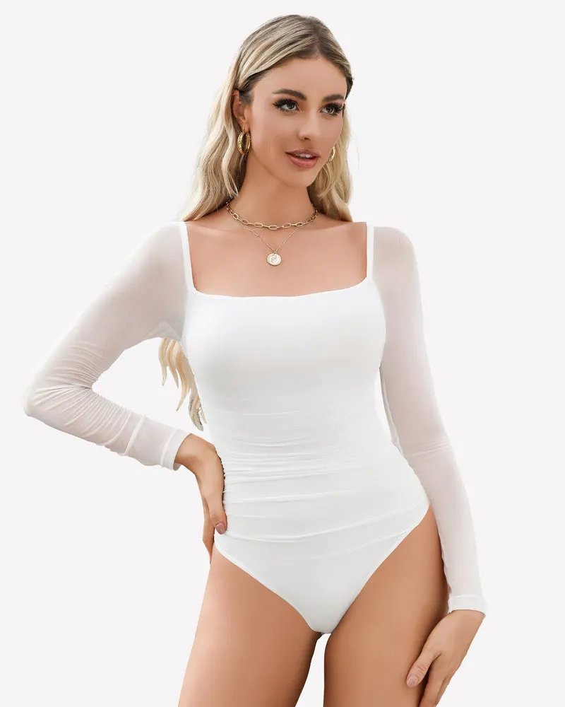 Square Neck Mesh Long Sleeve Bodysuit Shapewear